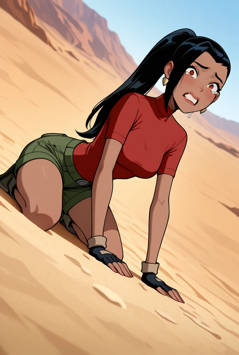 <lora:ovkai-10:1> ovkai, 1girl, long hair, black hair, dark skin, ponytail, earrings, lips, red shirt, short sleeves, turtleneck, green cargo shorts, fingerless gloves, ((cartoon, screencap)), dynamic pose, expressive, amazing quality, best quality, facial expression , , scared, looking at viewer, sand dunes, desert, tears, teeth, crawling, tilted view, dutch angle, side view, from side, sahara, masterpiece, best quality, amazing quality, very aesthetic, absurdres, newest,