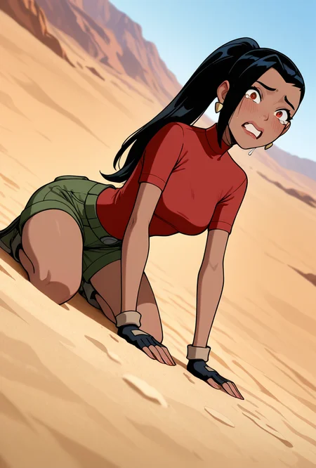 <lora:ovkai-10:1> ovkai, 1girl, long hair, black hair, dark skin, ponytail, earrings, lips, red shirt, short sleeves, turtleneck, green cargo shorts, fingerless gloves, ((cartoon, screencap)), dynamic pose, expressive, amazing quality, best quality, facial expression , , scared, looking at viewer, sand dunes, desert, tears, teeth, crawling, tilted view, dutch angle, side view, from side, sahara, masterpiece, best quality, amazing quality, very aesthetic, absurdres, newest,