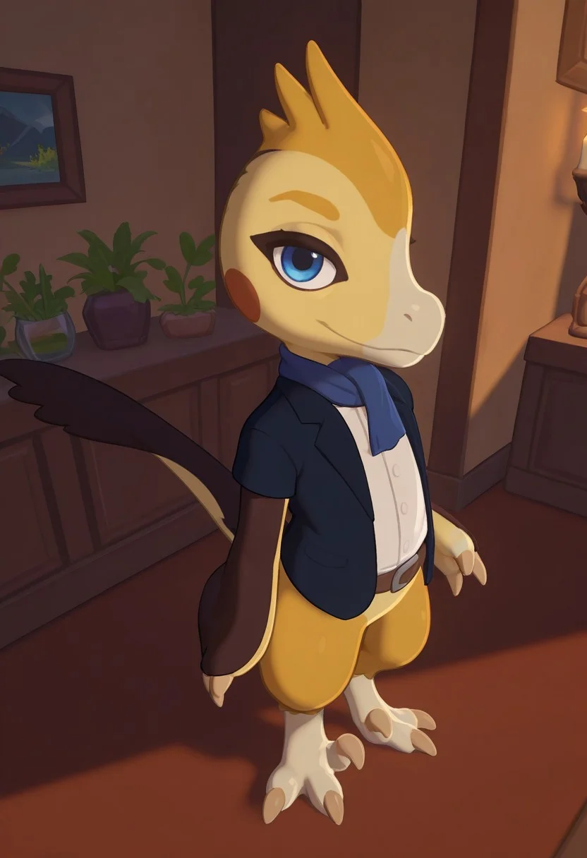 1boy, highres, absurdres, newest, masterpiece, best quality, furry, raptor, scales, tail, claws, Jophery, male, velociraptor, yellow skin, blue eyes, 3 fingers, 3 toes, feathered, back jacket, white shirt, blue scarf, standing, seductive look, detailed eyes, bright room, day scene, professional lighting, solo, seductive, looking_at_viewer, masterpiece, close up, explicit, aggressive look, sits in shair, vine in a glass, sexy pose, restaurant