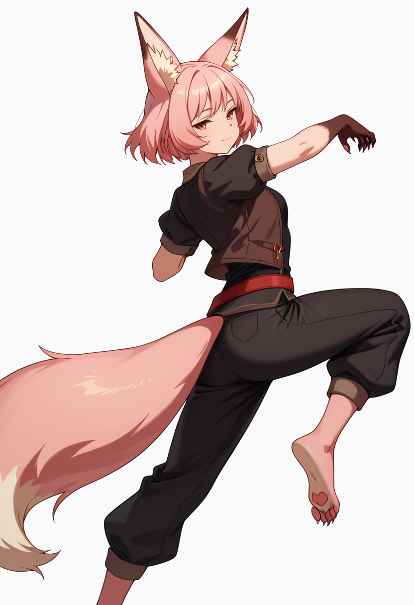 Smooth Quality,masterpiece,very intricate, high quality details, ultra realistic, high detailed skin,detailed enviorement,absurdres,
simple background, white background, dancing, solo,from behind,
 <lora:Til_CNR:0.8> til_cnr, 1girl,pink hair, short hair, bangs, red eyes, animal ears, fox ears, animal ear fluff, fox tail, furry female, animal hands, claws, black shirt,open jacket,puffy short sleeves,black pants, belt,barefoot,, seductive smile,, :c,