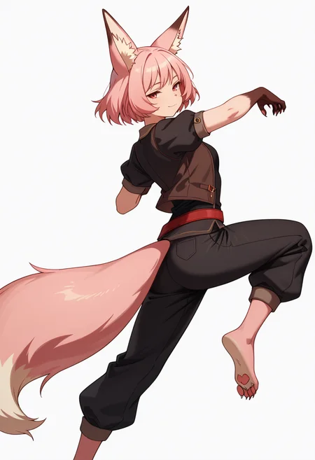 Smooth Quality,masterpiece,very intricate, high quality details, ultra realistic, high detailed skin,detailed enviorement,absurdres,
simple background, white background, dancing, solo,from behind,
<lora:Til_CNR:0.8> til_cnr, 1girl,pink hair, short hair, bangs, red eyes, animal ears, fox ears, animal ear fluff, fox tail, furry female, animal hands, claws, black shirt,open jacket,puffy short sleeves,black pants, belt,barefoot,, seductive smile,, :c,