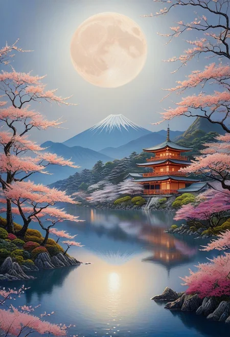 seductive beauty, closeup, beautiful face, fragile beauty, pretty eyes, stunning artwork, psychodelic scenic japan night landscape, sakura garden, mountains, lake, perfect composition, full moon, haze, low angle, masterpiece, award winning,, ultra detailed, highly detailed, 8k, uhd
