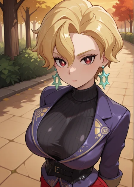 masterpiece, best quality, amazing quality, very aesthetic, absurdres, newest, 4k, 8k, outdoors, official style, looking at viewer,
briarxd, 1girl, solo, earrings, jewelry, blonde hair, red eyes, breasts, jacket, short hair, looking at viewer, sweater, red pants, pants, turtleneck, large breasts, purple jacket,hair between eyes, turtleneck sweater, black sweater, ribbed sweater, corset,
<lora:Briar_-_Pokemon_Illustrious:1>