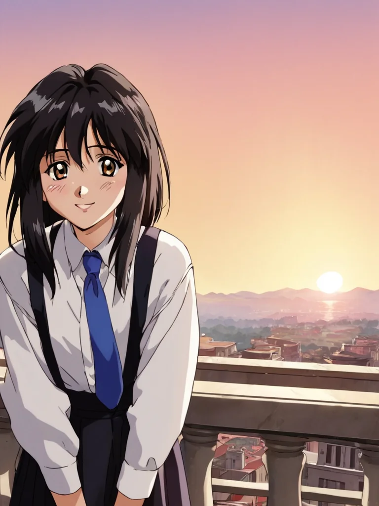 score_9, score_8_up, score_7_up, score_6_up, masterpiece, perfect face, perfect hands, high quality, source_cartoon, (1girl, solo,) balcony, sunset,  <lora:Melfina_-_Outlaw_Star:1> melfina, black hair, brown eyes, medium hair, retro artstyle, 1990s (style), white long sleeve shirt, necktie, black skirt, shy smile