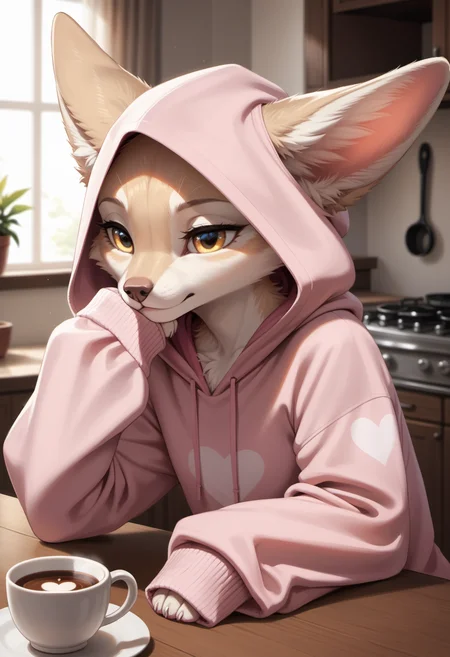 score_9, score_8_up, score_7_up, source_furry, high quality, perfection, detailed, aesthetic, well-lighted,
1girl, solo,
kitchen, table, depth of field, blurry background,
indoors, (face focus:1.2), (close-up:1.2),
furry female, anthro, furred body, fluffy fur, beautiful girl, cute girl, adult, youthful, beautiful face, detailed face, perfect eyes, detailed eyes,
fennec, small breasts, petite girl, (no hair, hairless, bald), fluffy tail, yellow eyes,
clothed, oversized clothes, pink hoodie, oversized hoodie, heart print, (sleeves past fingers:1.6), very long sleeves, (hood up:1.2),
sitting, at table, sleepy, head rest, sleepy, half-closed eyes, hot coffee mug,
<lora:princess_xl_v2:0.6>, <lora:p_ami_v10_adafactor:0.4>, <lora:incase-ilff-v3-4:0.5>, <lora:CleanDetailed_Eyes:0.25>,âââ