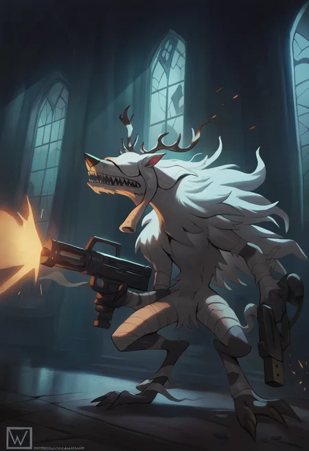 masterpiece, best quality, newest, hdr, (garrett hanna:1.3), dark, night, indoors, church, broken window, alter, solo, 1ma1v0r, amulet, antlers, white bandages, bandaged arm, bandaged leg, claws, digitigrade, monster, sharp teeth, fangs, snout, white veil over eyes, covered eyes, werewolf, white fur, white hair, long hair, no humans,
dual wielding, holding heavy machine gun, muzzle flash, firing
<lora:Vicar Amelia:1>