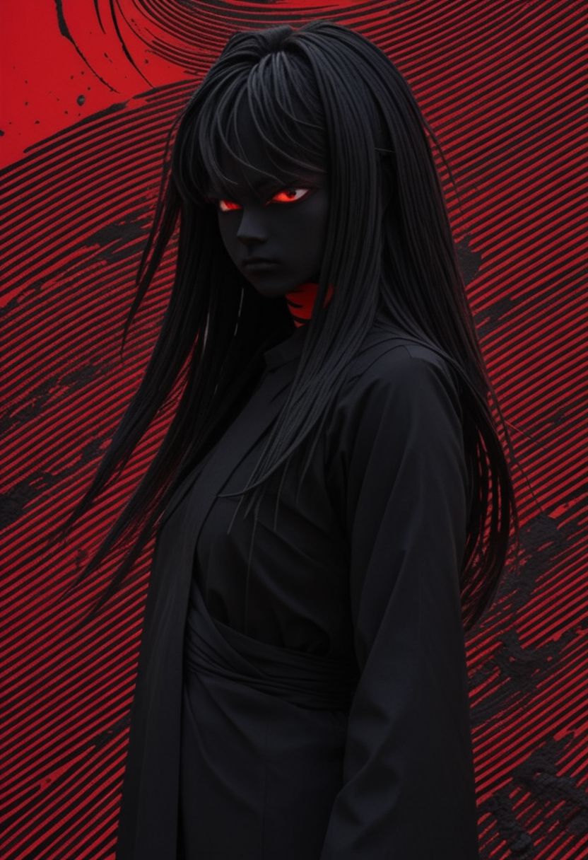 Closeup Portrait, An Abstract surreal n Abstract surreal colorful simple painted black piccolo standing at a cliff with extreme Long Hair throughout the frame, katana, red Blood Splash, made of lines, vertical lines, horizontal lines, Portrait Made of intertwining snakes, weaving over and under each other throughout the frame, emphasis effect, moire effect, awash in colorful shades, seamlessly extends the lines,