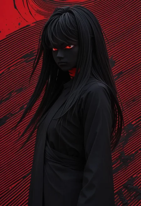 Closeup Portrait, An Abstract surreal n Abstract surreal colorful simple painted black piccolo standing at a cliff with extreme Long Hair throughout the frame, katana, red Blood Splash, made of lines, vertical lines, horizontal lines, Portrait Made of intertwining snakes, weaving over and under each other throughout the frame, emphasis effect, moire effect, awash in colorful shades, seamlessly extends the lines,
