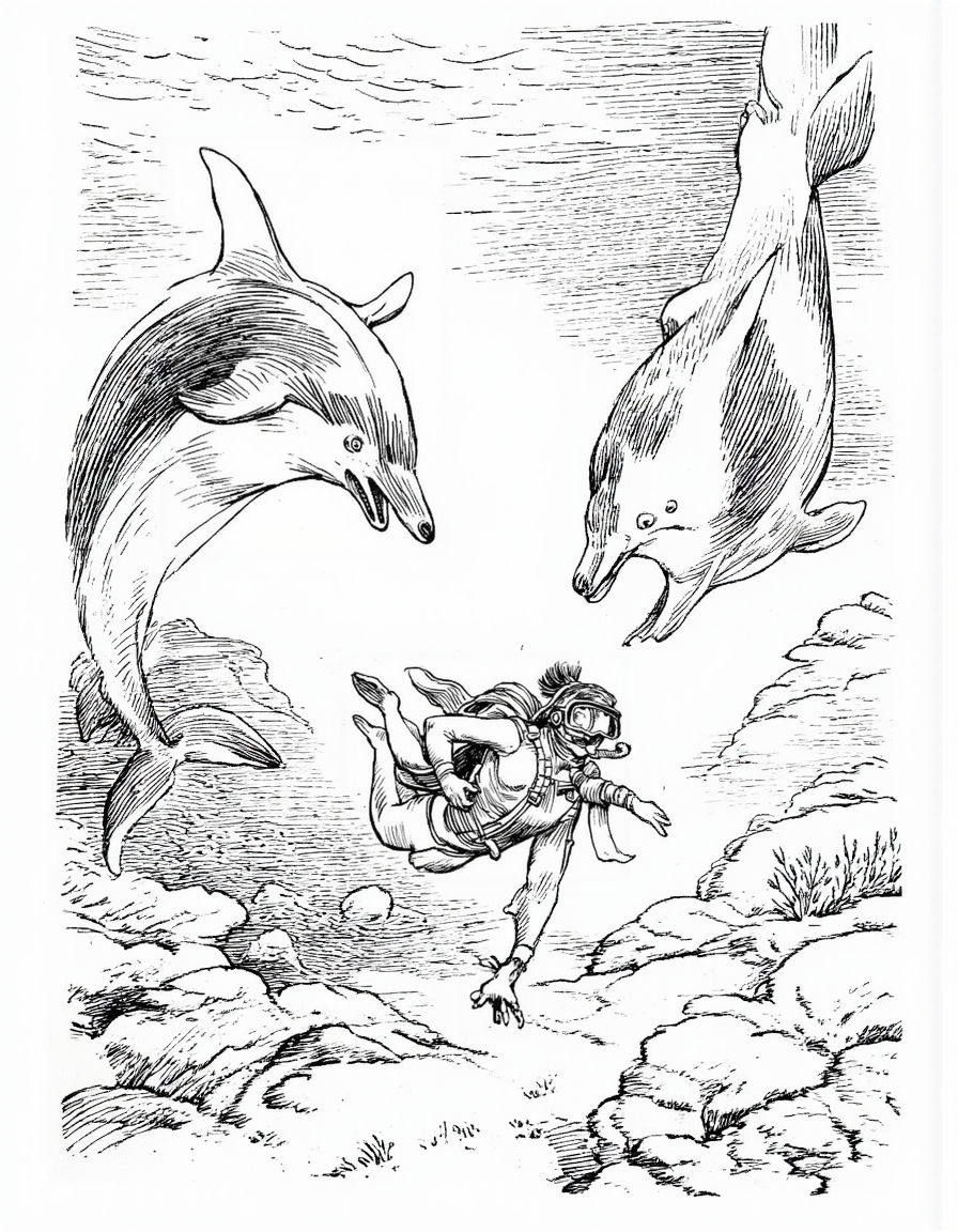 <lora:mig3:1>, This is a black-and-white, hand-drawn illustration in a traditional, detailed style. It depicts a scene underwater, likely in an ocean environment. The central figure is a human diver, depicted in mid-action, swimming towards the bottom right of the image. The diver is wearing a wetsuit and has a snorkel and mask, indicating they are engaged in an underwater exploration or activity. The diver's body is streamlined, with their arms extended forward, and their legs are bent, suggesting movement., 
Surrounding the diver are two large, stylized dolphins. One dolphin is positioned above and to the left of the diver, with its mouth open, suggesting it is about to communicate or interact with the diver. The other dolphin is positioned slightly below and to the right, also with its mouth open, adding to the dynamic and active nature of the scene., 
In the background, there are detailed, wavy lines that suggest the movement of water, and the texture of the ocean floor is indicated with rough, uneven lines. The overall composition is dynamic and energetic, capturing the movement and interaction between the diver and the dolphins in a vivid and detailed manner.