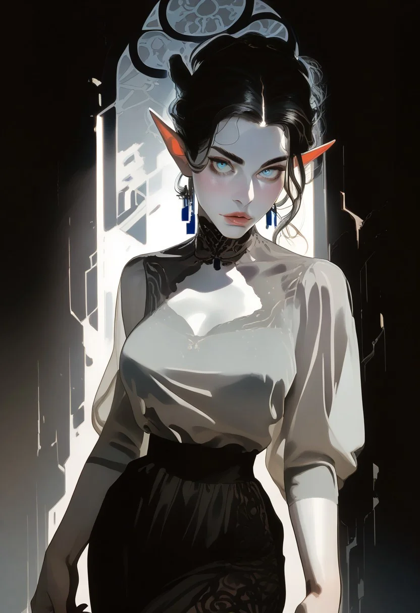 score_9, score_8_up, score_7_up,
1 girl, solo,
elf woman, beautiful, delicate,
black hair, slicked hair, large breasts,
pale skin, milky skin, very tall,
light blue eyes, looking at viewer,
petite body, dark elvish make-up,
dark blue intricate dress, thin translucent gown,
dynamic pose, sexy posing,
fantasy, elvish style,