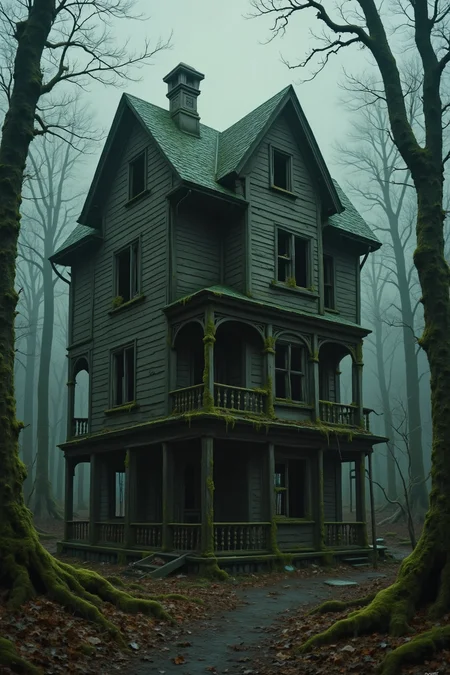 In a detailed digital painting, a rundown, multi-story house with boarded windows and creeping moss stands in a misty forest; the cold, blue-green lighting amplifies the sense of decay and isolation in the scene.