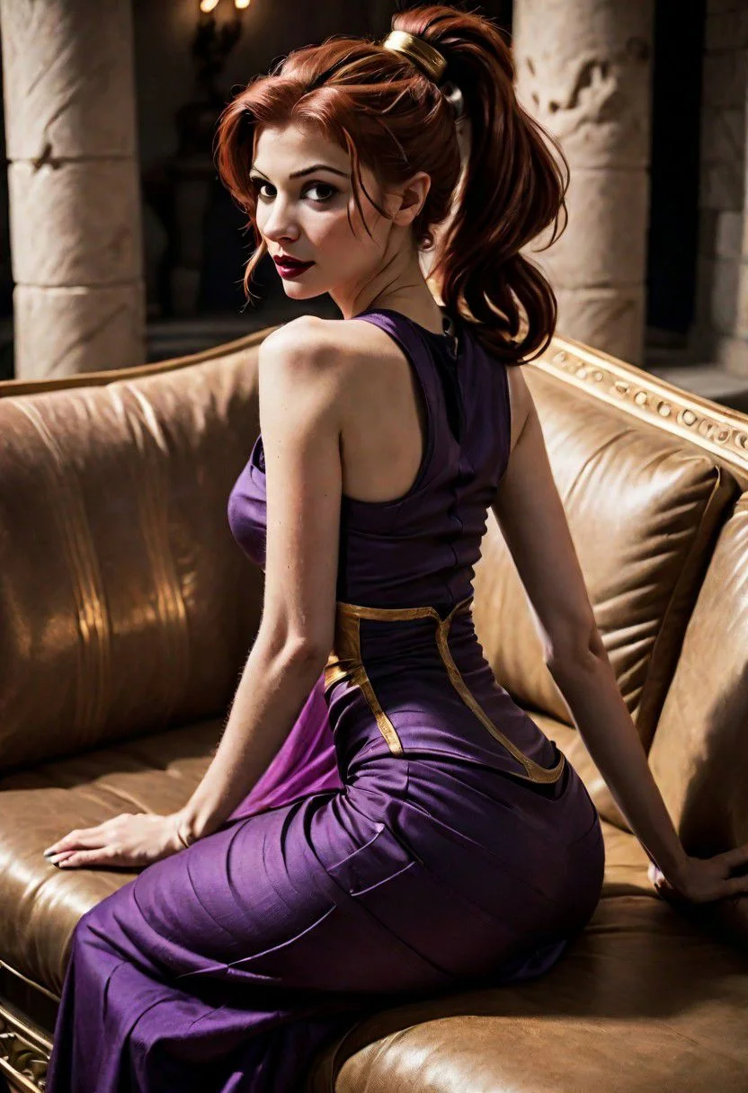 Ultra Realistic, cinematic, high angle, chill, (cute slender Megara,
ponytail :1.2), classy toga, slumped on a ancient Greek sofa, glam, reading magazine "Athena"