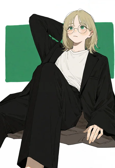 hachinuki tetsuyo, (go e 0000:1.2), (xilmo:1.1), vfaix, painting \(medium\), brush stroke, green background, white background,
1boy, solo, androgynous, medium hair, parted bangs, round eyewear, green eyes, long eyelashes, dirty blonde hair, black roots \(hair\), hair down, blush,
oversized clothes, white shirt, black jacket, formal jacket, long sleeves, long jacket, wide sleeves, black pants, wide pants,
leaning back, on back, from below, knee up, arm behind head, looking afar,
masterpiece, best quality, newest, absurdres, highres, very awa, (perspective:1.1),
<lora:owk_bsh_yy:0.5>,
<lora:sample:0.8>,
<lora:veluflora-wai:0.4>,