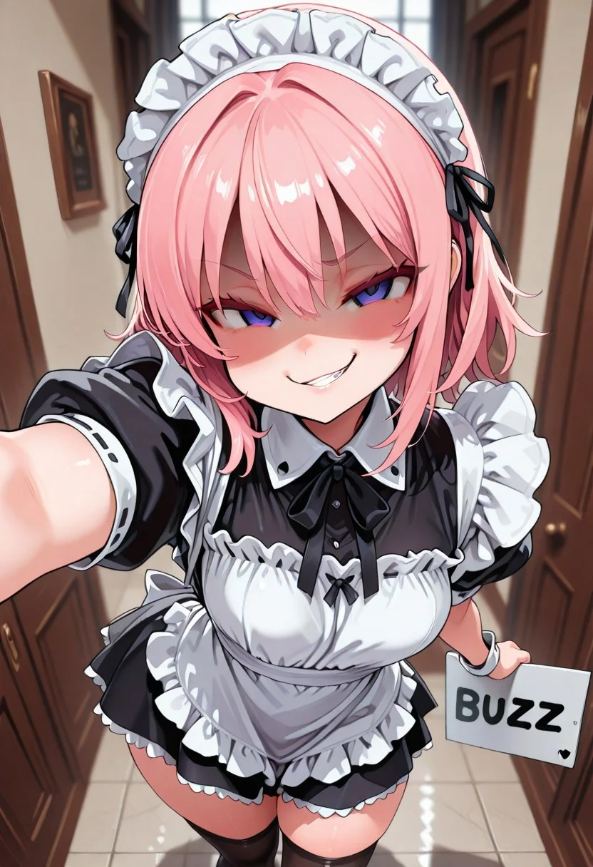 masterpiece,best quality,amazing quality, CivChan, purple eyes, pink hair, peeking out, wall, looking at viewer, maid, smirk,medium hair,
<lora:CivChan:1>
((need_buzz)), (holding sign with hand), shaded face, sign that says "NEED BUZZ", looking at viewer, ((8k, Ultra HD)), (foreshortening:2), depth of field, ((Detailed background :1.5)), ((Masterpiece)), ((Best quality)), ((Detailed)), amazing quality, very awa, highres, absurdres, anime, contrapposto, artist:asanagi, from above,