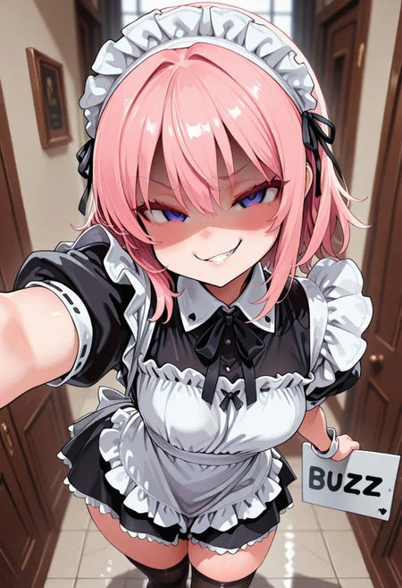 masterpiece,best quality,amazing quality, CivChan, purple eyes, pink hair, peeking out, wall, looking at viewer, maid, smirk,medium hair,
<lora:CivChan:1>
((need_buzz)), (holding sign with hand), shaded face, sign that says "NEED BUZZ", looking at viewer, ((8k, Ultra HD)), (foreshortening:2), depth of field, ((Detailed background :1.5)), ((Masterpiece)), ((Best quality)), ((Detailed)), amazing quality, very awa, highres, absurdres, anime, contrapposto, artist:asanagi, from above,