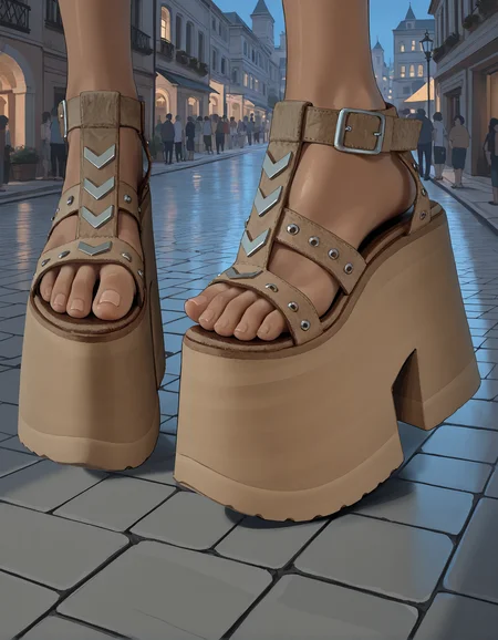 masterpiece, best quality, amazing quality, very aesthetic, high resolution, ultra-detailed, absurdres, newest, volumetric lighting,
close-up of feet, foot focus, toes,
standing, pigeon-toed, from side, from above,
1girl, dark skin,
city street, spanish colonial architecture, summer theme,
(m0nd0 sandals), (platform footwear),