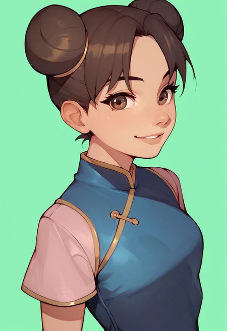 score_9, score_8_up, score_7_up, 1girl, ytenten, brown eyes, brown hair, short hair, double bun, small breasts, forehead, looking at viewer, solo, green background, smile, china dress, blue dress, short sleeves,