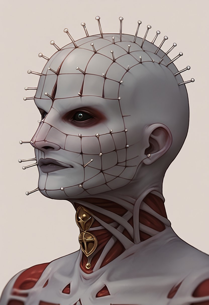 score_9, score_8_up, score_7_up BREAK hellprst, white red body, white skin with red details, black eyes, head covered in pins,