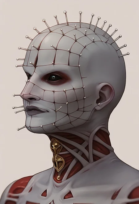 score_9, score_8_up, score_7_up BREAK hellprst, white red body, white skin with red details, black eyes, head covered in pins,