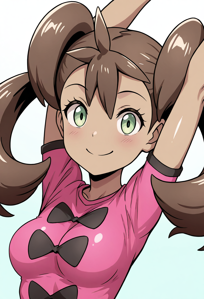 masterpiece, best quality, 1girl, solo, eyelashes, (beautiful eyes), shiny skin,  zzShauna, dark skin, twintails, brown hair, long hair, green eyes, pink shirt, (upper body), medium breasts,  arms up, stretching, upper body, smile, looking at viewer,  medium breasts,   <lora:ShaunaPokemon_IXL_v1:1.0>,