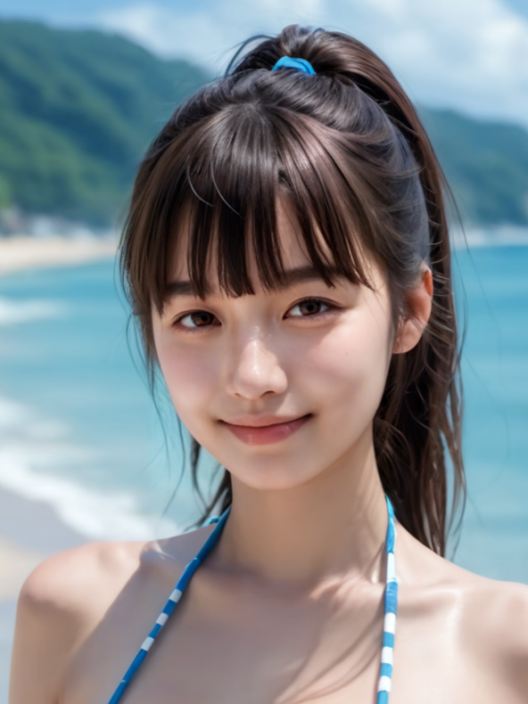 score_9,score_8_up,score_7_up,
best quality,realistic,photorealistic,face focus,upper_body,
1girl,
dark brown eyes,
(light smile:0.7),
bangs,ponytail,
big breasts,
blue and white striped micro bikini,
(seaside wooden terrace:1.1),(detailed background:1.1),summer vacation scene,
harukiface,<lora:harukiface_V23c2:0.8>,