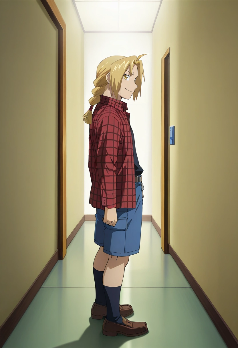 masterpiece, best quality, intricate details, anime screencap, anime coloring, official style, looking at viewer, 1boy, solo, male focus, <lora:edward_elric_ilxl:0.9>, edward_elric, blonde hair, yellow eyes, single braid, braided ponytail, , aged up, profile, corridor, light, arms at sides, smile, IceBlue Cargo boardshorts, Lemon Sateen Checkered Flannel shirt, Loafers, ,