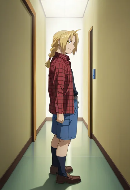 masterpiece, best quality, intricate details, anime screencap, anime coloring, official style, looking at viewer, 1boy, solo, male focus, <lora:edward_elric_ilxl:0.9>, edward_elric, blonde hair, yellow eyes, single braid, braided ponytail, , aged up, profile, corridor, light, arms at sides, smile, IceBlue Cargo boardshorts, Lemon Sateen Checkered Flannel shirt, Loafers, ,
