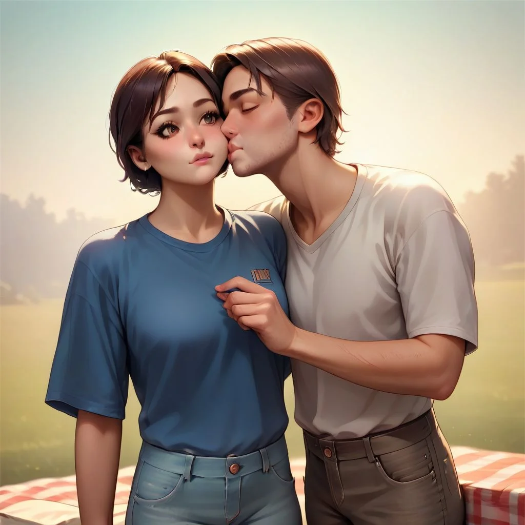 (Ultra Realistic:1.0),32k,(Masterpiece:1.0),(High Detailed Skin:1.0),( High Quality:1.0), (Detailed Realistic Background:1.3), (Realistic Lighting:1.0), volumetric lighting, score_9, score_8_up, score_7_up, 1girl, 1boy, hetero, kissing cheek, shirt, pants, picnic
