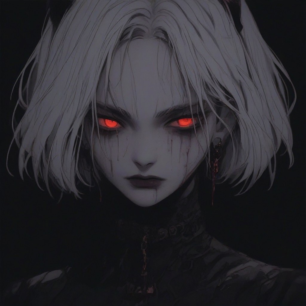 score_9, score_8_up, score_7_up, flat color, blood dripping from mouth, demon girl, demon horns, gthan, gothic, jewelry, red glowing eyes, solo, blood, earrings, cross, 1girl, black background, looking at viewer, portrait, short hair, necklace, blood on face, cross necklace, simple background, spot color, closed mouth, white hair, cross earrings