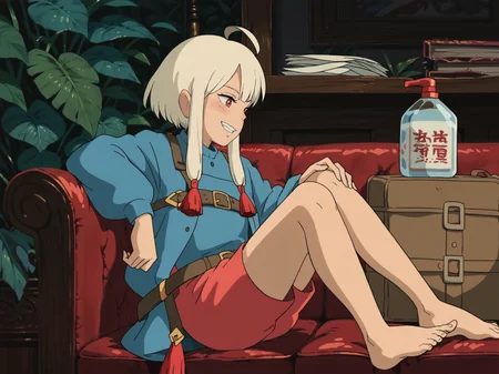 1girl alternate_eye_color ambiguous_red_liquid barefoot belt belt_buckle black_coat blue_hair book buckle coat couch cup foot_out_of_frame grin holding holding_cup indoors knee_up leaf legs long_sleeves on_couch phonograph radio red_eyes sitting smile solo suitcase tassel thighs virtual_youtuber, <lora:StudioGhibliUltimateV3:0.8>, score_9, score_8_up, score_7_up
