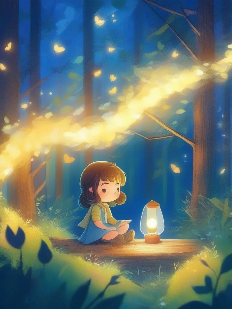 A girl is sitting in a forest with a glowing of light., <lora:kids:1> illuillustration,
