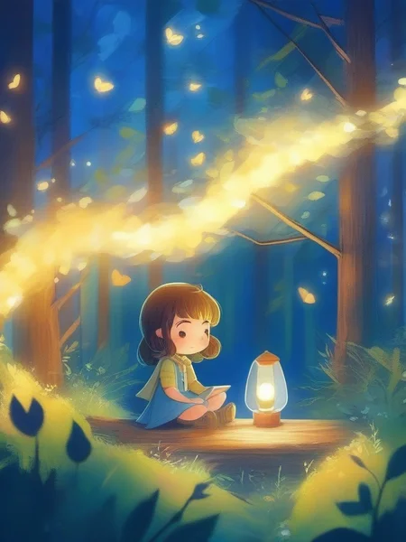 A girl is sitting in a forest with a glowing of light., <lora:kids:1> illuillustration,