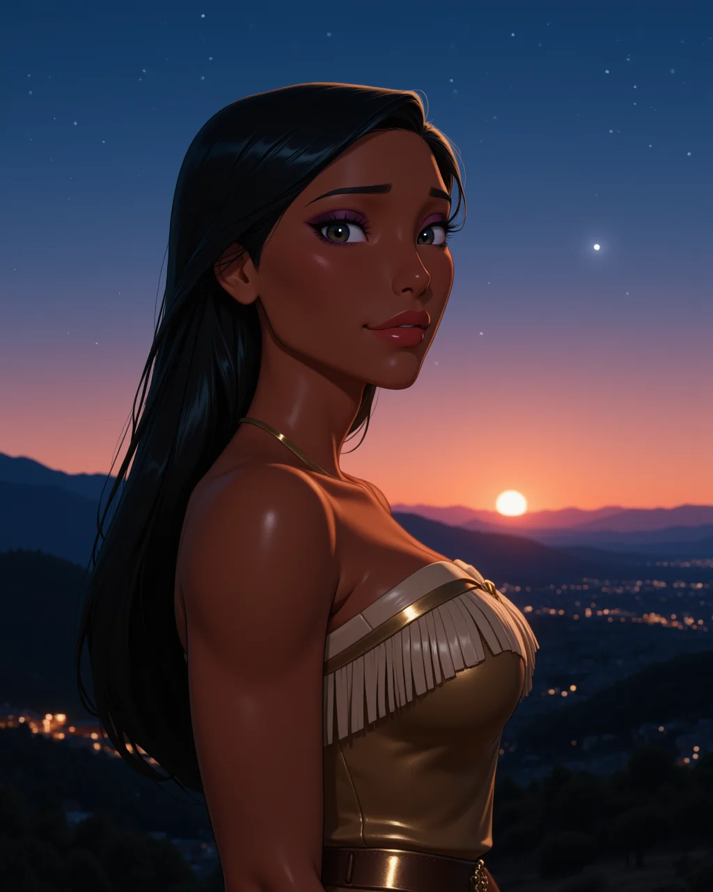 wide shot, looking at viewer, outdoors daylight, Love-struck with dreamy eyes, a gentle smile, and a warm blush spreading across the cheeks.
A woman stands on a hilltop at twilight, her silhouette outlined against the fading light as the stars begin to twinkle above the quiet town below. in a dynamic pose
<lora:Disney_-_Pocahontas_v2-000030:1> d-pocahontas a 20 year old adult woman with black eyes, black hair and dark skin. In her iconic outfit