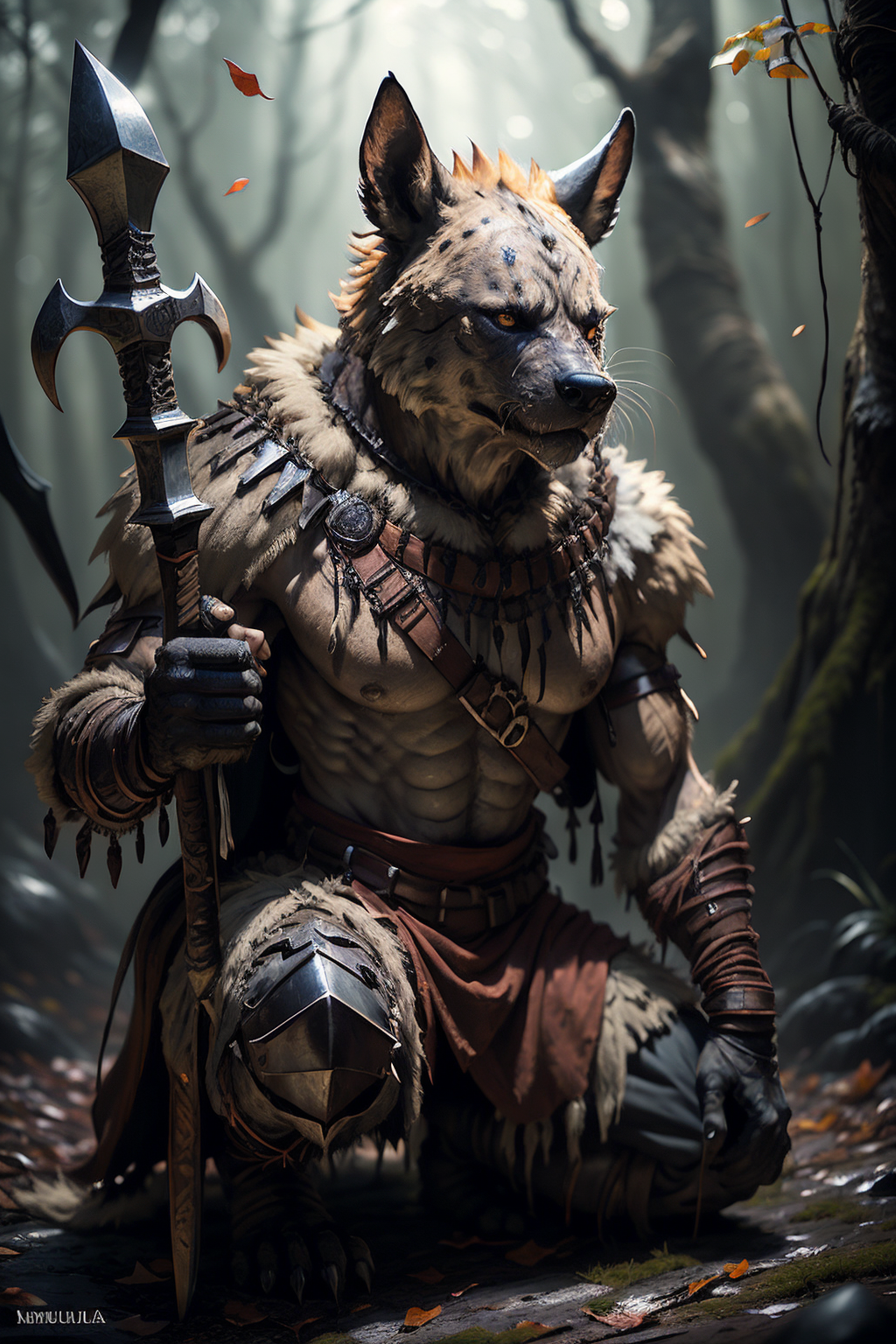 <lora:RPGGnoll:1> gnoll:1.2, 1girl mohawk in Creme Brulee Blonde  with Brown eyes  eyes  and Hard eyebrows , guard  wearing heavy armor  holding Greatsword full body shot, In a mystical grove where each leaf whispers a different prophecy, in background, realistic:1.2,  masterpeice, ultradetailed, intricate details, perfect quality, ultrashapr, ultradetailed, photorealistic, perfect shadows, profesional lights, realistic, blurry, boekh, masterpiece light works,depth of fiel, ultradetailed character, pefect quality, maximum quality, intricate details, detailed face  By jeremy mann, by sandra chevrier, by maciej kuciara, sharp, (perfect, body:1.1), realistic, real shadow, 3d, (dark castle background:1.2), (by Michelangelo), (profesional lights:1.3) (profesional photography:1.3), full body shoot, concept art of medieval rpg character,sitting with one leg pulled up and arms wrapped around it, looking down