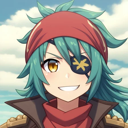 mana_sk style, portrait, focus on face, a fearless sky pirate girl with messy teal hair tied back in a bandana and sharp golden eyes, wearing a leather eyepatch and a coat adorned with intricate embroidery, a daring grin with wind sweeping her hair, faint outlines of airships in the cloudy background, Japanese RPG style, adventurous and rebellious atmosphere, intricate details on her bandana and coat