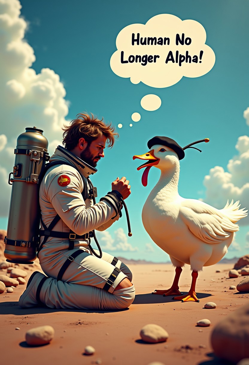 In the space station, near an interstellar vessel, Full body of An handsome Astronaut wearing ripped astronaut outfit with oxygen cylinder behind his back, messy hair blown back by the wind, he kneeling on the ground, his face facing to the ground, submitting to the duck in front of him, his wrist bounded by rope, 
BREAK, 
full body of super adorable cuteness overloads of a white duck with golden beak and claws wearing painter beret hat and diamond expert glasses, standing with arrogant expression in front of the Astronaut, its cute little red tongue sticking out, when it opens its beak while raising the leather whip high up, a big thought bubble above the duck's head which says "Feel My Furry! kwek..kwek.." 
BREAK
masterpiece, best quality, ultra-detailed, ultra realistic, 8k, RAW photo, perfect composition, perfect colors, colorful, clear photo, surreal, incredible lifelike, highest resolution, uncanny realism, immaculate micro-details, professional photography, analog photo, shot on Canon EOS 5D VI, Fujicolor Pro, radiant god rays, dreamy haze, Photographers collaboration by Oleg Oprisco and Tim Walker, view from distance, view from distant, dynamic angles, 
BREAK
(A big funny text at the top says "Human No Longer Alpha":1.6), (ensure the text perfectly correct and accurately written:1.3), aidmatextimprover,