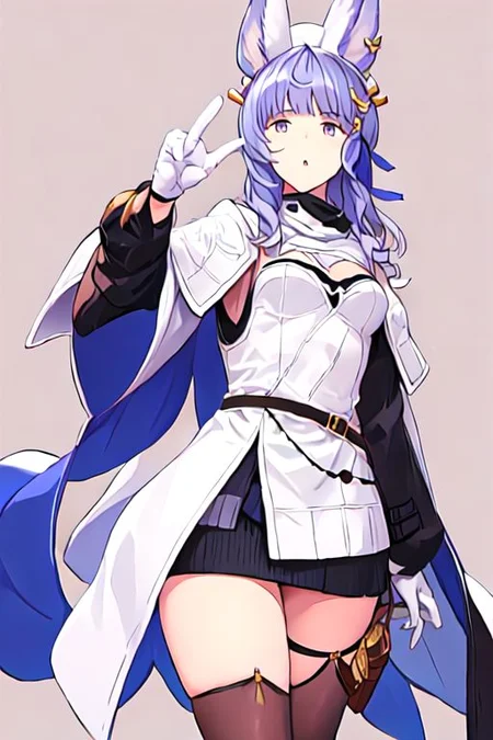 tikohdef, hair ornament, black thighhighs, white gloves, white headwear, white dress, cleavage, white panties, long sleeves