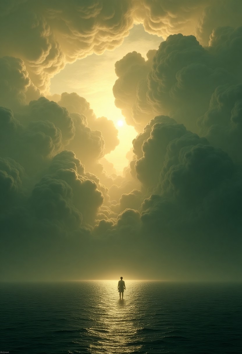 A photograph of a dramatic, surreal landscape that looks almost too perfect to be real—like a frame from a high-budget CGI film. A vast, dark ocean stretches across the foreground, its still surface reflecting the golden glow above. A lone figure stands impossibly atop the water, adding to the dreamlike quality of the scene. Above, the sky erupts in an otherworldly display: a massive, billowing cloud formation illuminated from behind by a brilliant light, glowing with a soft halo. The effect is hauntingly ethereal, casting the entire tableau in hues of deep green, gray, and gold. There's something unmistakably mystical about the way the light bleeds through the cloud, like a doorway into another realm—a dreamscape conjured from memory or myth. The scene radiates a quiet, magical grandeur, pulling the viewer into a liminal space between reality and fantasy.
