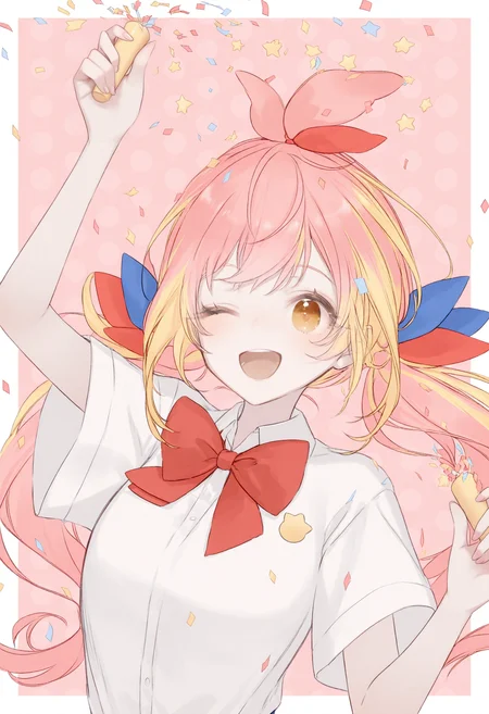 <lora:myc1_noob1.1-000189:1>,
1girl, one eye closed, pink hair, solo, blonde hair, virtual youtuber, bow, twintails, multicolored hair, smile, open mouth, red bow, shirt, confetti, white shirt, low twintails, long hair, holding, upper body, short sleeves, star \(symbol\), border, red bowtie, collared shirt, white border, polka dot background, bowtie, pink background, hair bow, school uniform, ;d,
masterpiece,best quality,newest,absurdres,highres,very awa,