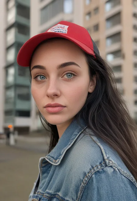 30yo woman posing for pic in front of tall building.
Blue eyes. small perfecteyes 
Wearing ripped Denim jacket red trucker hat
no makeup. Clear skin.  realistic skin style
Long dark black slick back hair. No makeup. Dusk, Street light. Looking at camera POV. Slight smile, tilting head.. Tilt head.
Medium Close Up shot. Bokeh. Bokeh light.