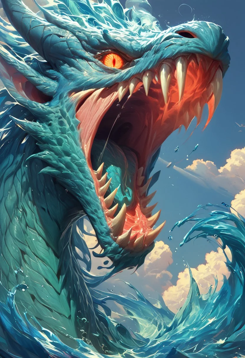 score_9, score_8_up, score_7_up, score_6_up, score_5_up, score_4_up, duel, magical duel, water Elemental, water elemental dragon, swirling water body, transparent, ethereal, majestic, detailed digital art, expressive eyes, roaring, cloudy sky background, magical elements,