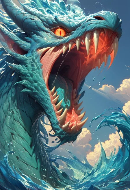 score_9, score_8_up, score_7_up, score_6_up, score_5_up, score_4_up, duel, magical duel, water Elemental, water elemental dragon, swirling water body, transparent, ethereal, majestic, detailed digital art, expressive eyes, roaring, cloudy sky background, magical elements,