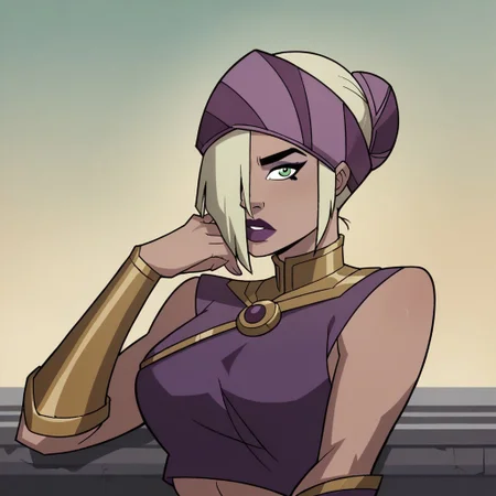 score_9_up, score_8_up, score_7_up, solo, 1girl, makeup, lipstick, short hair, blonde hair, hair bun, single hair bun, green eyes, hair over one eye, purple headband, purple crop top, purple skirt, sleeves, bare shoulders, bracers, breast, Persephone (dc), looking at viewer