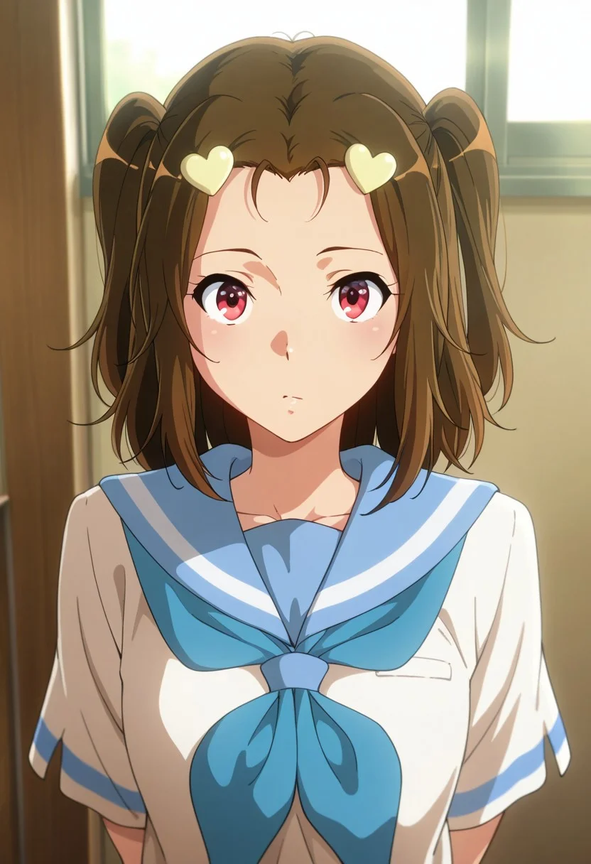 masterpiece,best quality,amazing quality, kabe tomoe, cherry-red eyes, brown hair, 1girl, kitauji high school uniform, school uniform, solo, serafuku, hair ornament, looking at viewer, blue neckerchief, heart hair ornament, heart, blue sailor collar, two side up, neckerchief