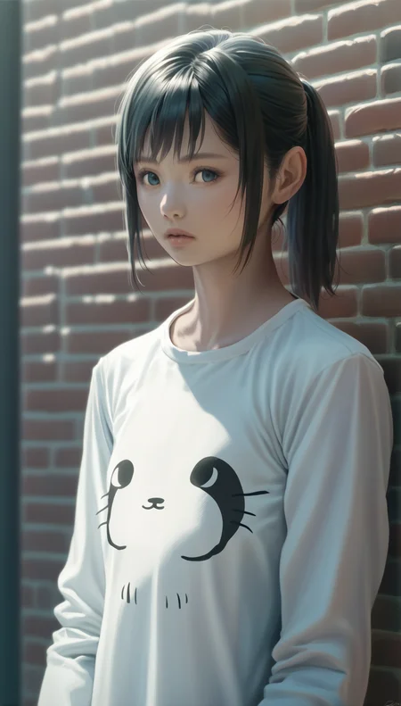 score_9,score_8_up,score_7_up,
<lora:Leanne:0.9>,
highres,photorealism,
1girl,solo,black hair,long hair,bangs,ponytail,blue eyes,eyes looking to the side,parted lips,facing viewer,white long sleeve shirt,animal print,upper body,simple background,brick walls,dim lighting,