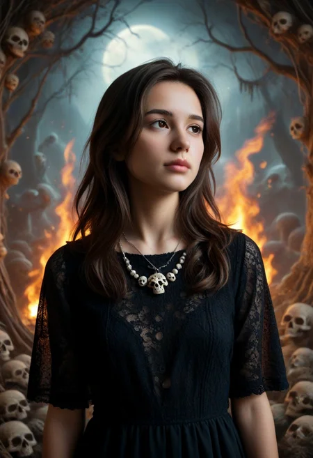 1girl, black dress, cowboy shot, dynamic view, no pattern dress, Hd, high quality, ultra realistic, detailed, slimes_skullwm, made of skulls, spooky skull background, light smile, PG, no teeth, portrait, looking afar, stoic, brunette, beautiful, necklace, fire in skull eyes,