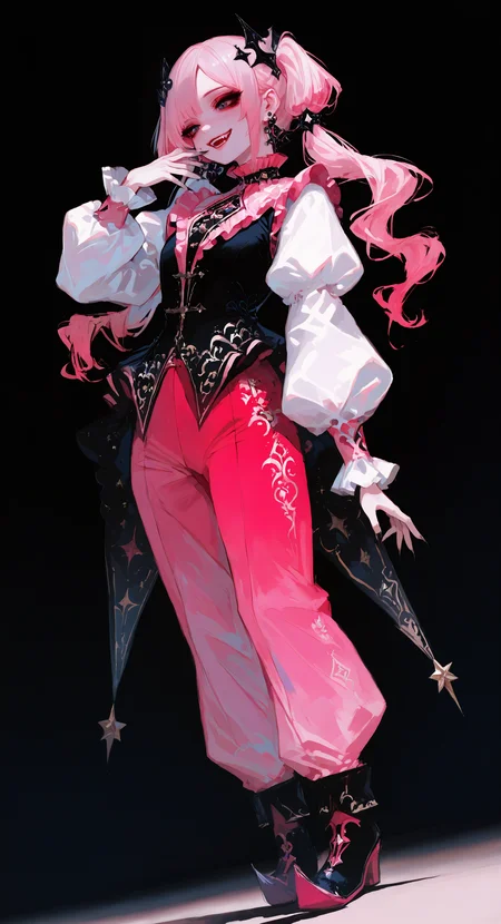 masterpiece, best quality, good quality, very aesthetic, absurdres, newest, 1girl, solo, long hair, smile, open mouth, long sleeves, hair ornament, jewelry, twintails, standing, full body, pink hair, multicolored hair, earrings, frills, teeth, shoes, pants, puffy sleeves, hand up, star \(symbol\), parted bangs, fingernails, gradient background, gradient hair, makeup, black background, frilled sleeves, black nails, short twintails, lipstick, eyeshadow, sharp fingernails, red lips, red pants, frilled collar, pink pants, pointy footwear, jester, dynamic angle <lora:ponyv5_noobV065S_1_adamW-000013:0.7> <lora:USNR_STYLE_XL_lokr:0.5> <lora:748cmSDXL:0.85>