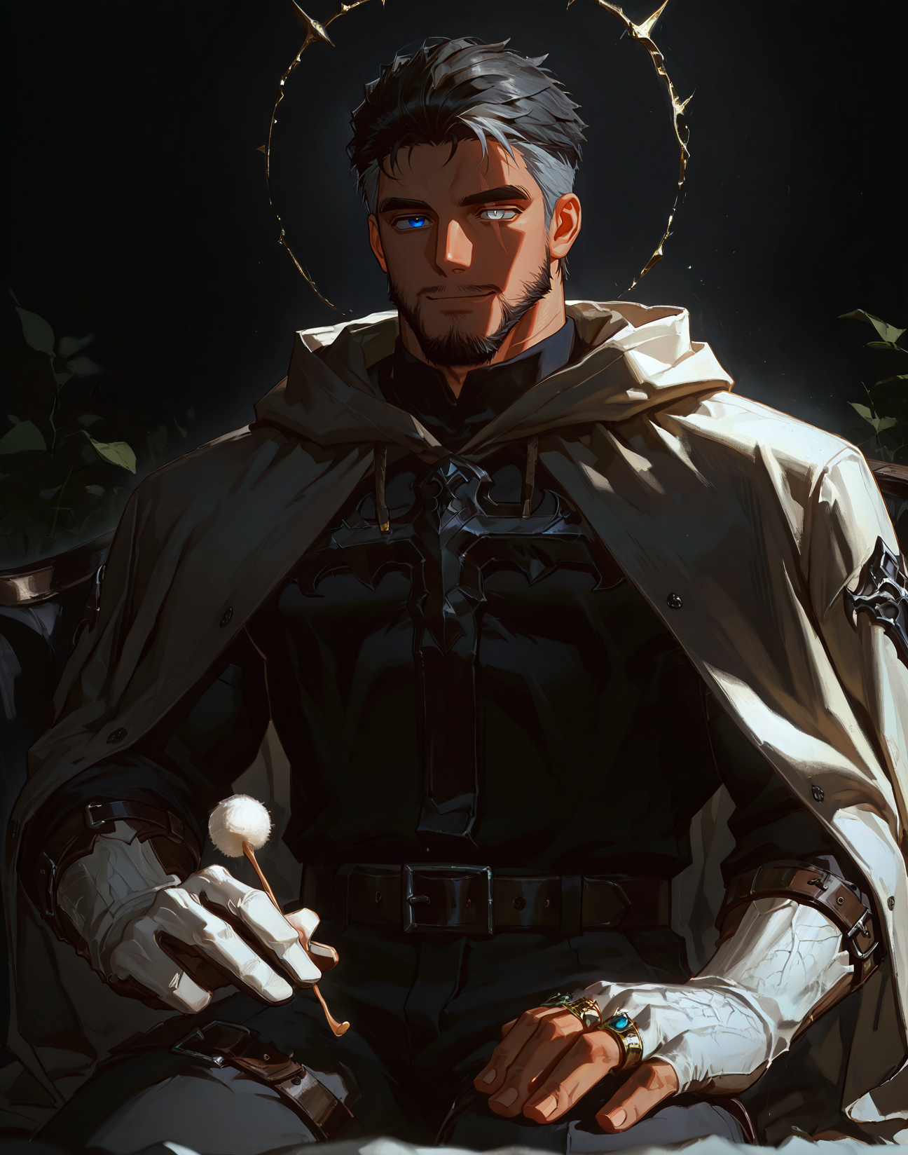 <lora:Lap_Pillow_Invitation_IL:1>, lap pillow invitation, holding mimikaki
looking at the viewer
tattered robes, skeletal patterns, dark fur accents, enchanted rings, bone-stitched gloves, long cloak dragging behind, black leather belts
(scar on right eyes, heterochromia, left blue eye, right grey eye, blue eye, grey eye),  <lora:DNF_Monk_r1:.9> dnfmonk, muscular male, beard, multicolored hair, scar on face, 
(very short hair), male focus, muscular male, bara, mature, (glossy skin, bara, mature, facial hair,), facial hair, bara, mature,  aixiwuganda_(20222192), very awa, masterpiece, best quality, absurdres, newest, perfect quality, detailed background, intricate details,<lora:slider_Body Type_alpha1.0_rank4_noxattn_last:2><lora:Anime Summer Days 2 Style SDXL_LoRA_Pony Diffusion V6 XL:.6><lora:merged:.7>, DARK, DARK BACKGROUND, LOW-KEY LIGHTING <lora:slider_cfg_scale_boost:.7><lora:Artist6p:.55>, Artist6p, Artist04p,<lora:slider_il_brightness_slider_d1:-.3><lora:slider_il_contrast_slider_d1:-.25>,<lora:slider_contract_controller_illus01_v1:.3>,<lora:slider_DarkSlider1.2_alpha1.0_rank16_full_300steps:-.1><lora:Heavenly_Beauty_r1:1>, (heavenlybeauty,)<lora:slider_style_strength_controller_illus01_v1:.25>