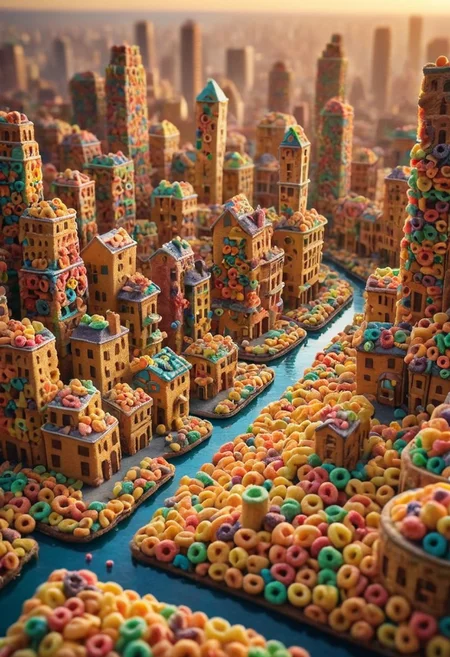 floating city made of fruit loops, street, bokeh, depth of field, golden hour