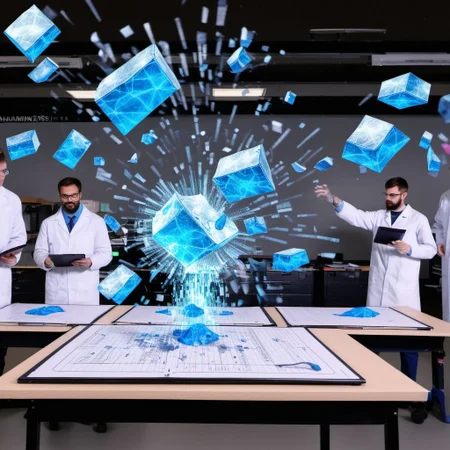 holograms of hammers smashing the holograms, so the hammers are made out of holograms but they are also smashing the holograms. inside a clean science setting with scientists with clipboards
